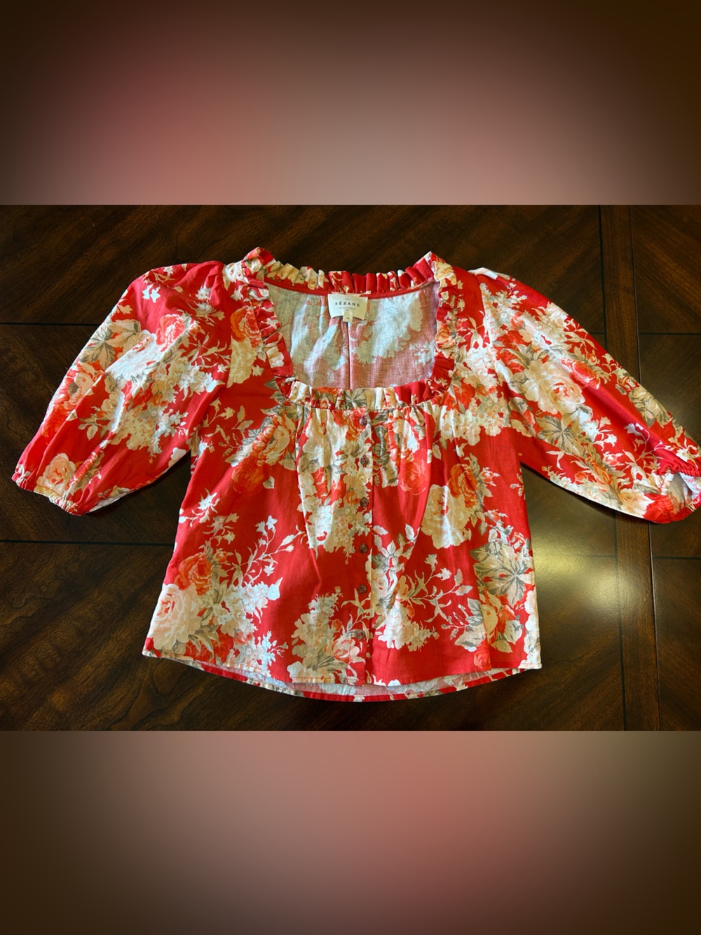 Sezane Red Floral Cotton Kellia top with Ivory Blooms